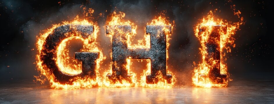 Dynamic Flaming Letters G H I High Contrast Fire Alphabet Realistic Background