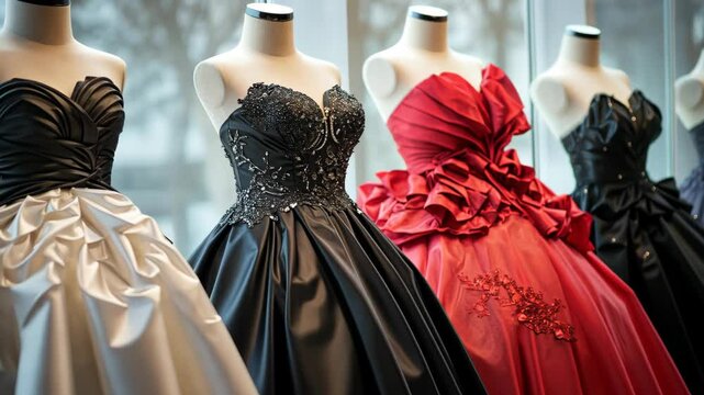 Bertolini-style wedding dresses in black, white, and red colors on mannequins, dress code for different body shapes, fashion design studio, 