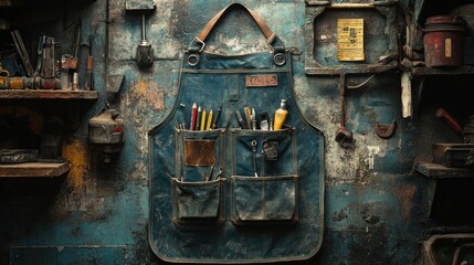 Denim apron hangs workshop wall, tools, grunge background, DIY