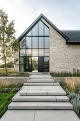 Fototapeta premium Modern architectural design showcases large glass windows and natural stone exterior set in a serene landscape during twilight hours