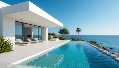 Fototapeta premium A Modern Minimalist Oceanfront Villa with Infinity Pool and Scenic Views