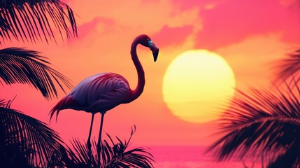 Fototapeta premium A flamingo silhouette at sunrise with vibrant orange and pink hues in the background. 
