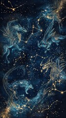 Fototapeta premium Celestial dragons soar amidst constellations in a mystical cosmic dance