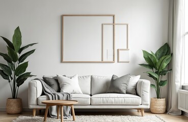 Naklejka premium Blank horizontal poster frame mock up in minimal Scandinavian white style living room interior. Modern background. Comfortable sofa. Home decor and furniture.