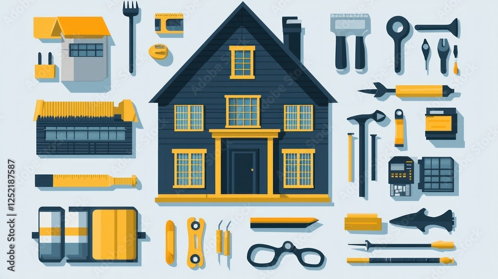 Poster A flat design set of icons representing property development, including buildings and tools. 