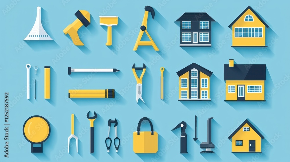 Poster A flat design set of icons representing property development, including buildings and tools. 