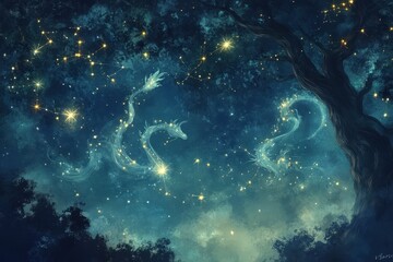 Obraz premium Two luminous dragon constellations adorn the night sky above