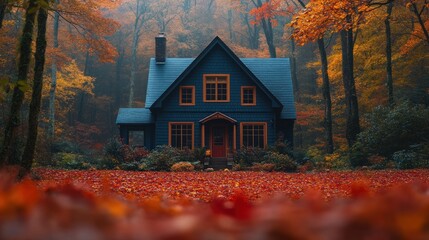 Obraz premium Autumnal forest home, misty woods, fall leaves, cozy cottage, seasonal postcard