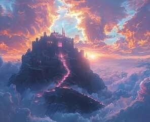 Fototapeta premium Fantasy glowing celestial fortress above the clouds