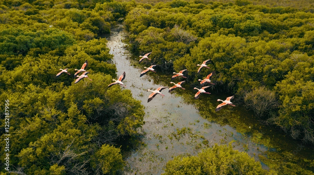 Poster a flock of lesser flamingos flying above a marshland, creating a stunning aerial view.