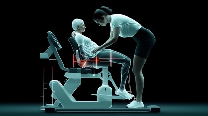 Woman assists senior on fitness machine; posture analysis; dark background; healthcare
