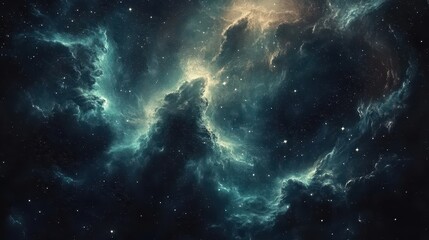 An ethereal cosmic landscape featuring swirling nebulas and distant stars