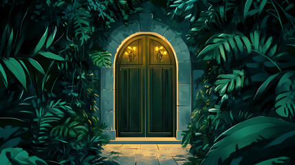 An enchanting entrance surrounded by lush greenery, evoking a mystical atmosphere and the allure of exploration. Ancient Data Ruins. Illustration