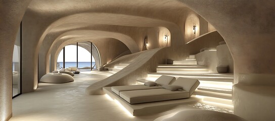 Obraz premium Serene Coastal Spa with Organic Curves and Ocean View