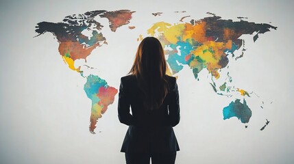 Woman in suit looking at colorful world map, concept of global reach and opportunities