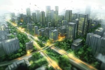 Futuristic Green Urban Cityscape Architectural Sketch with Sustainable Design Modern Buildings Roads and Trees