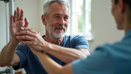 A patient struggles to lift their arm after a stroke, guided by a therapist. Their determined expression highlights the challenging process of rehabilitation and recovery.
