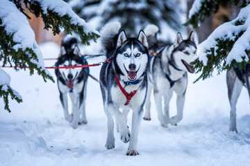 Four Siberian Huskies in snowy forest, lead dog with striking blue eyes