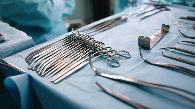 Close-up of medical instruments placed on the operating table in the operating room. Concept: high-tech equipment ready for a complex surgical procedure. Perfect for medical projects.