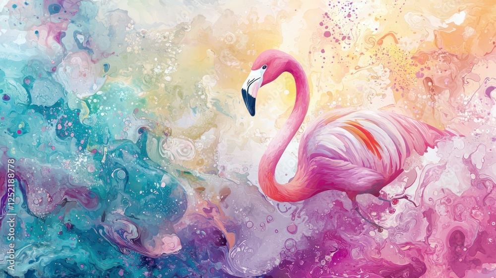 Poster A gentle flamingo watercolor featuring abstract patterns and pastel colors.