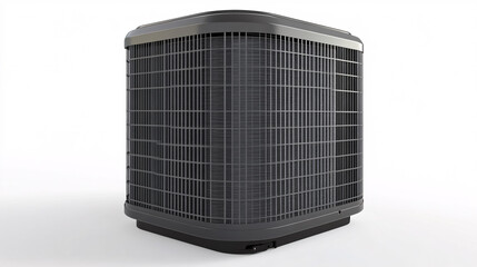 An HVAC unit is isolated against a white background, serving as a condenser for home air conditioning systems.