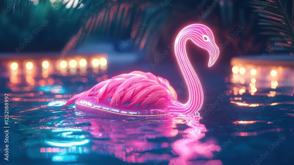 Poster A glowing neon flamingo floaty, floating in a pool at night with neon lights.