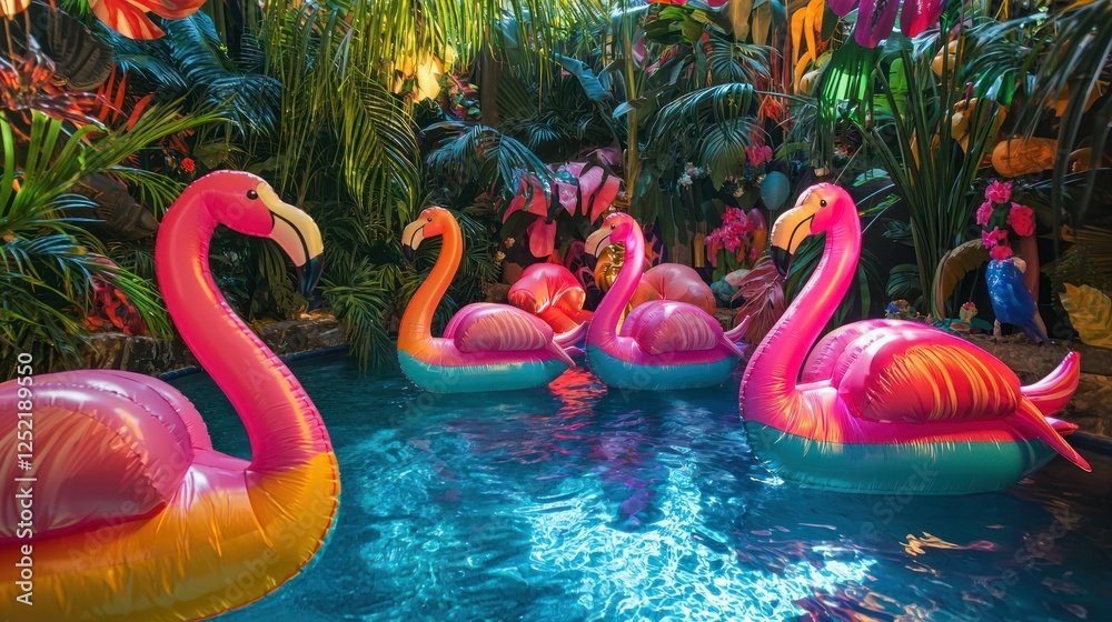 Poster A group of inflatable flamingos in a tropical pool party setting, surrounded by colorful decor. 