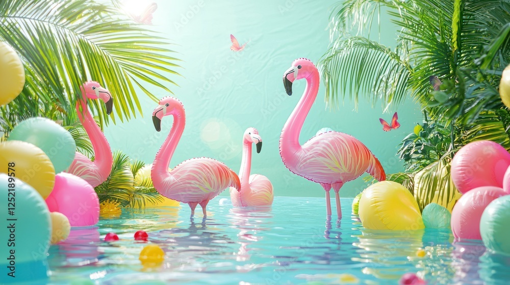 Poster A group of inflatable flamingos in a tropical pool party setting, surrounded by colorful decor. 