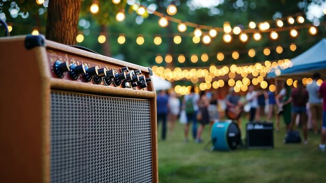 Retro guitar amp with warm tones and a blurred background of an outdoor music festival, with string lights in the background.