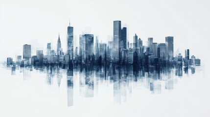 Abstract cityscape rendering features skyscrapers and their mirrored reflections