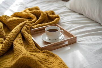 White bedspread with a wooden tray holding coffee and a warm blanket