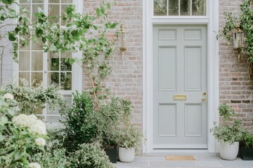 Charming entrance of a home with a light gray door surrounded by lush green plants and flowers, set against rustic brick walls on a sunny day