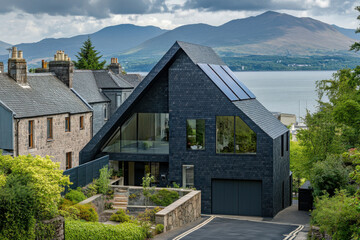 A contemporary black house adorned with solar panels boasts stunning views of a picturesque lake and majestic mountains, all framed by vibrant, lush greenery