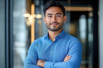 Confident young professional in blue shirt standing with arms crossed in modern office environment