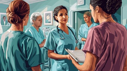 A heartfelt International Women's Day illustration showing women healthcare workers with patients.