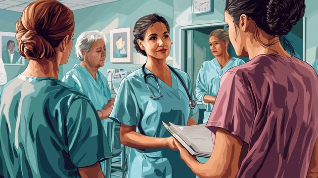 A heartfelt International Women's Day illustration showing women healthcare workers with patients.