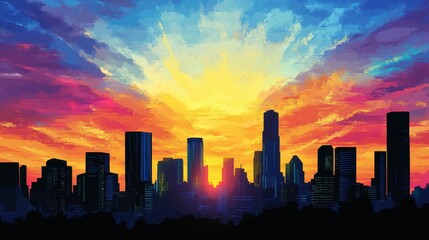 Obraz premium A cityscape silhouette underneath a vividly colored and painted sky