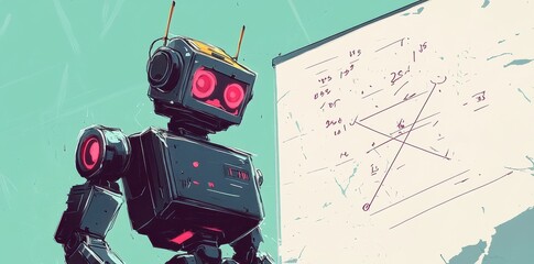 Fototapeta premium Robot presents data charts on white board with red details