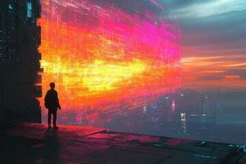 Fototapeta premium Man stands overlooking glowing futuristic cityscape with vibrant sky