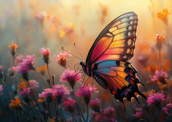 Butterfly in a sheer wing cape, fluttering pose, flower garden, delicate flight, iridescent colors