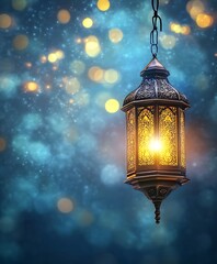 Illuminated Intricate Metal Lantern Hanging Against a Blue Bokeh Background
