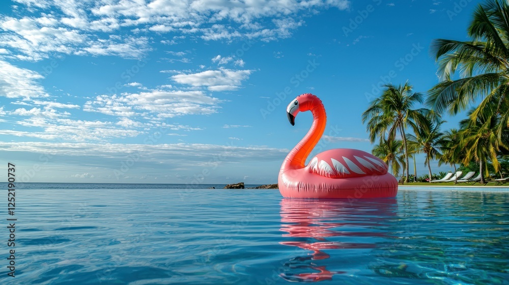 Poster A large inflatable flamingo floating on a calm swimming pool, with palm trees in the background. 