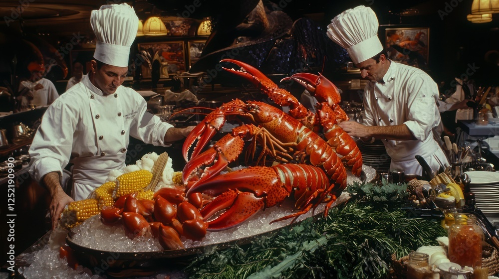 Poster a large seafood platter featuring lobster displayed at a buffet with chefs arranging the dishes.