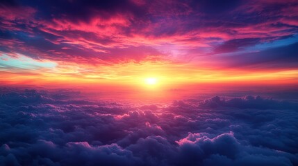 Fototapeta premium Aerial sunset, vibrant cloudscape, above-the-clouds view, atmospheric design