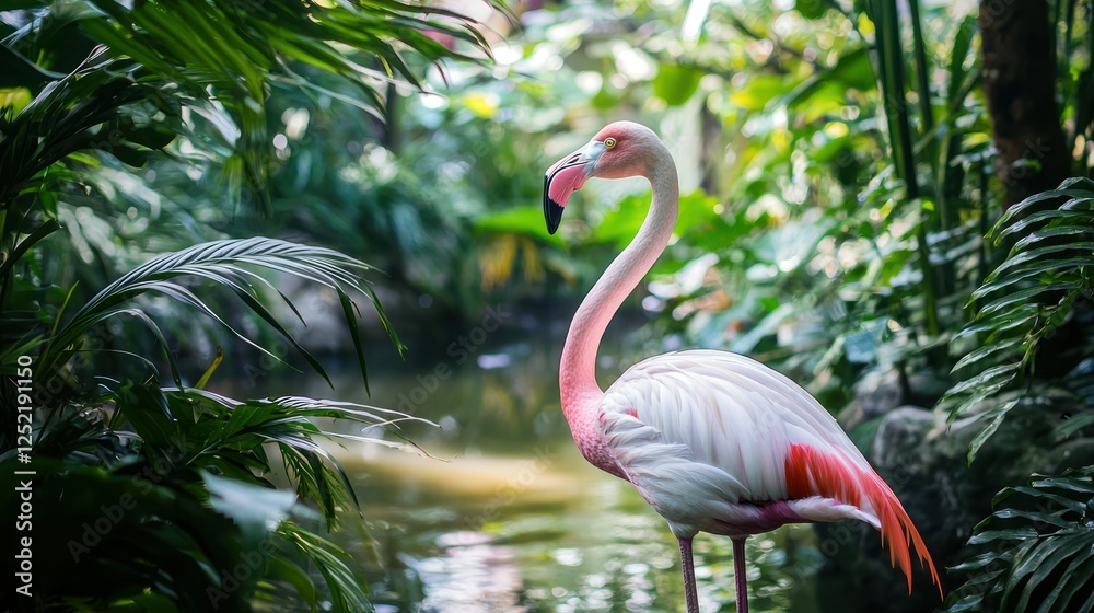 Poster A lesser flamingo standing gracefully in a wetland area with a pink hue on its feathers.