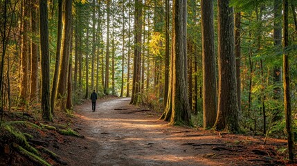 Fototapeta premium A lone adventurer walking along a forest path, surrounded by tall trees and natural beauty. 