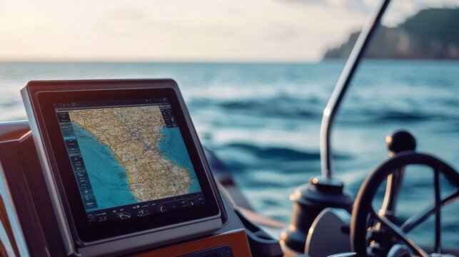 A modern digital sea map displayed on a tablet, placed on a boat navigation console, with a view of the open ocean visible through the windshield.