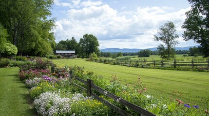 A lush vegetable garden bordered by flowers, with a wooden fence and a distant farmhouse visible. Stock photo --ar 16:9 --quality 2 --style raw --v 6.1 Job ID: b302957c-3637-4371-8c5f-71b0581167b5