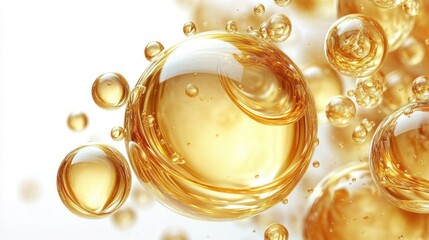 Translucent Gold Bubbles Floating on White Background for Skincare and Cosmetic Essence