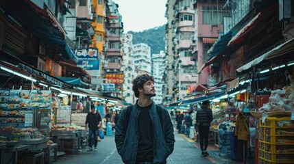 Obraz premium A man traveling alone through a busy Asian street market, sampling local street food. 